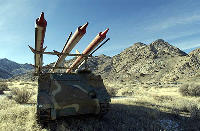 An armored personel carrier with make-shift missles on top of it sits in the west desert area of Dugway Proving Grounds.credit: (Steve Griffin/The Salt Lake Tribune) 